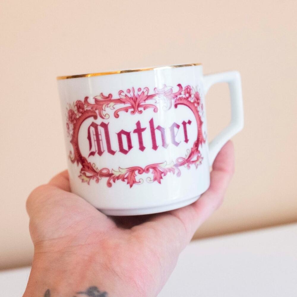 Mother Fine China Mug | Vintage White Gold Rim Maroon Script Cup